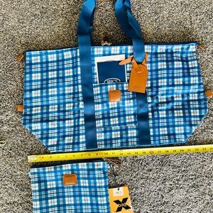 Bric's Blue Plaid Duffle Bag and Pouch set with Tan Leather Details
